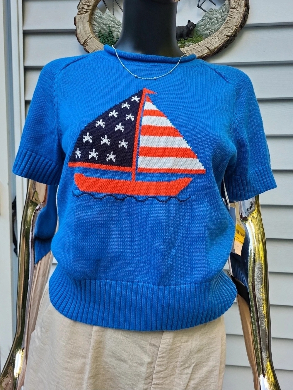 Free Assembly Roll Neck %100 Cotton Short Sleeves Canal Blue Boat Jacquard color